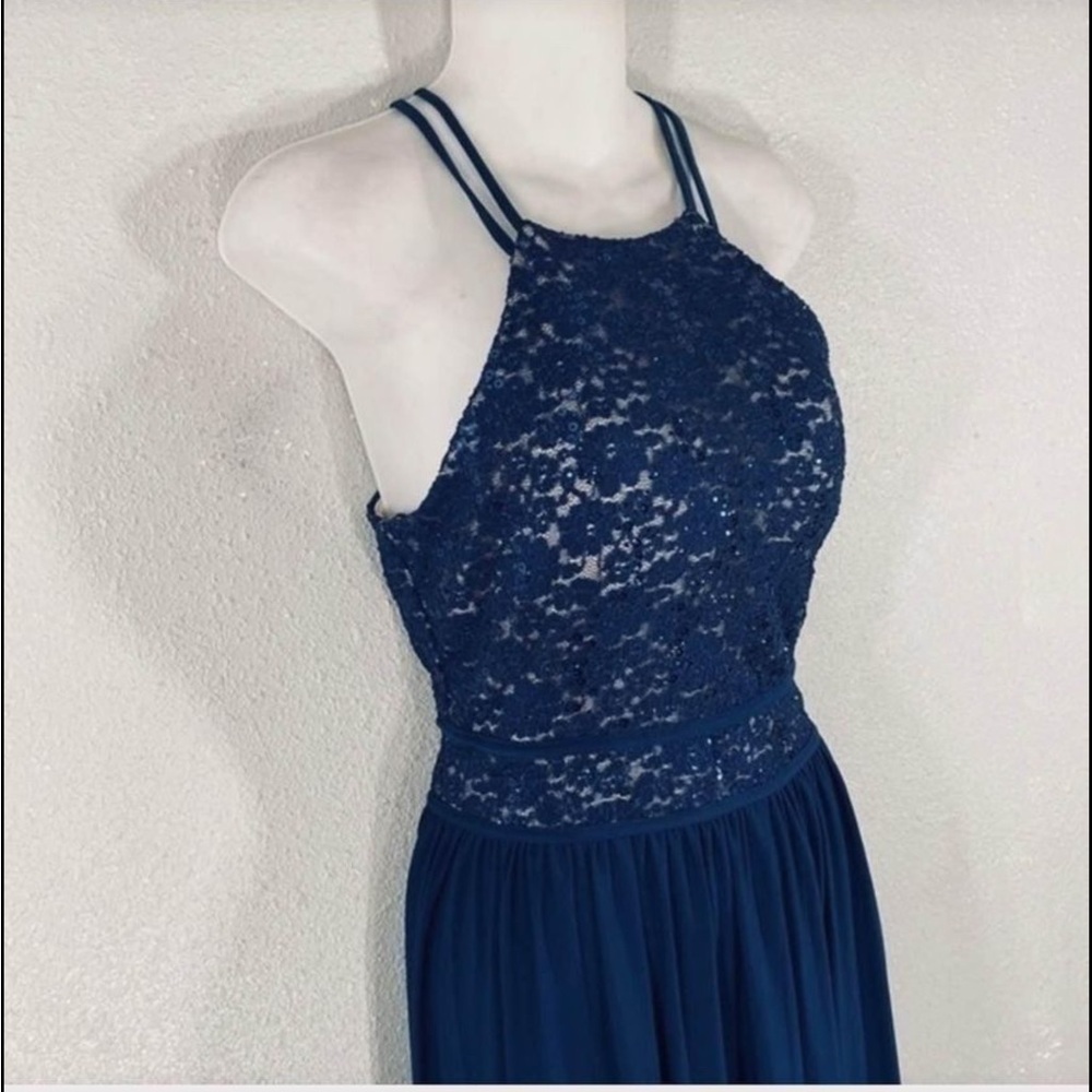 PROM FORMAL NIGHTWAY BLUE LACE, SEQUINS DOUBLE SPAGHETTI STRAPS VEUC